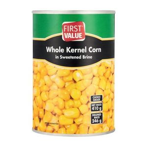 First Value Whole Kernel Corn In Brine, Size: 410g