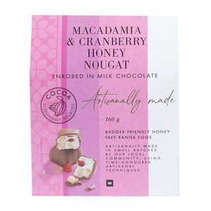 Artisanally Made Macadamia and Cranberry Nougat in Milk Chocolate 160 g