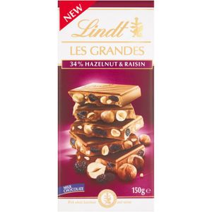 Lindt Les Grandes Hazelnuts and Raisin Milk Chocolate Slab 150 g