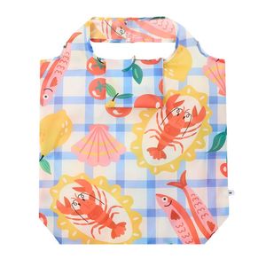 Coastal Feast and Check Design Medium Easy Fold Shopper Bag