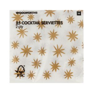 2 Ply Gold Stars Cocktail Serviettes 25 pk
